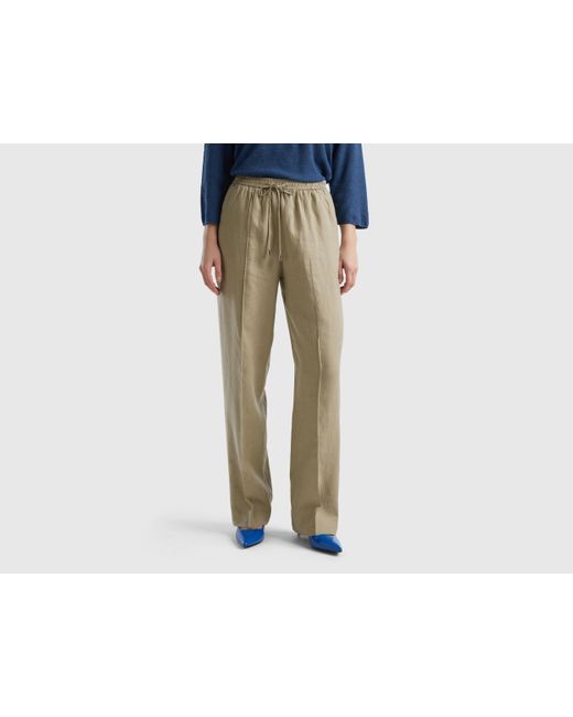 Benetton Black Trousers In Pure Linen With Elastic