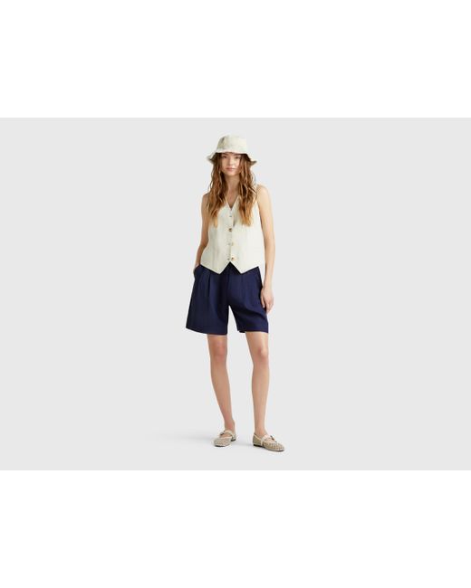 Benetton, Bermuda 100% Lin, Bleu Foncé, Femme Benetton en coloris Blue