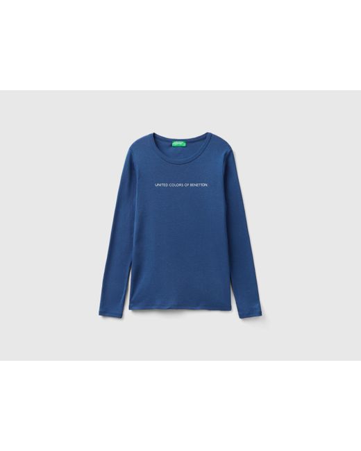T-shirt A Manica Lunga 100% Cotone Blu Avio di Benetton in Blue