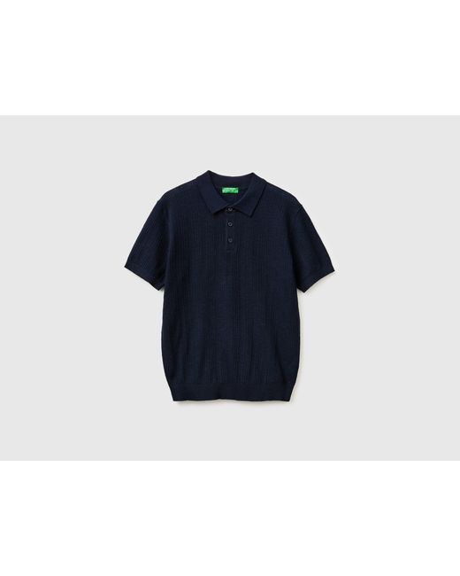 Benetton Blue Benetton, Textured Linen Blend Polo Shirt for men