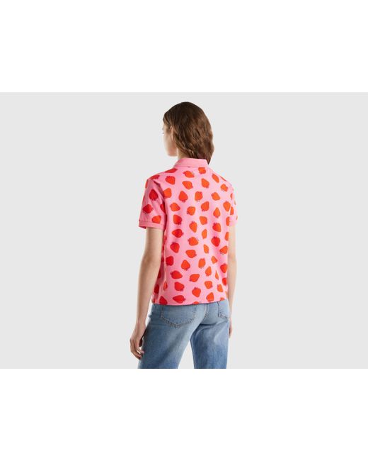 Benetton Red Pink Polo With Strawberry Pattern