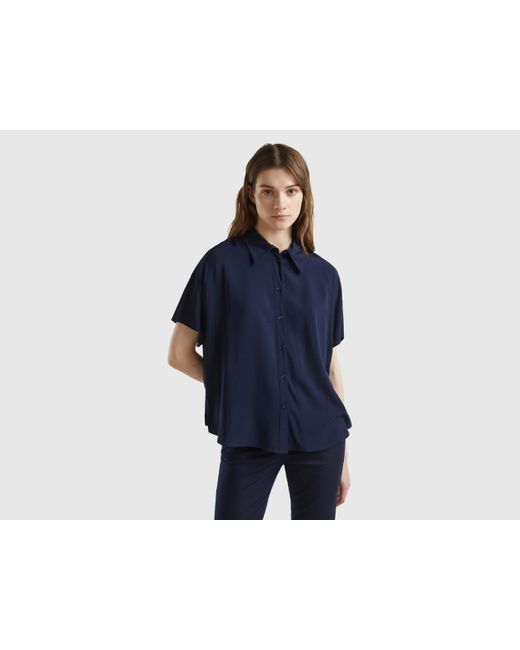 Benetton Blue Short Sleeve Shirt In Sustainable Viscose