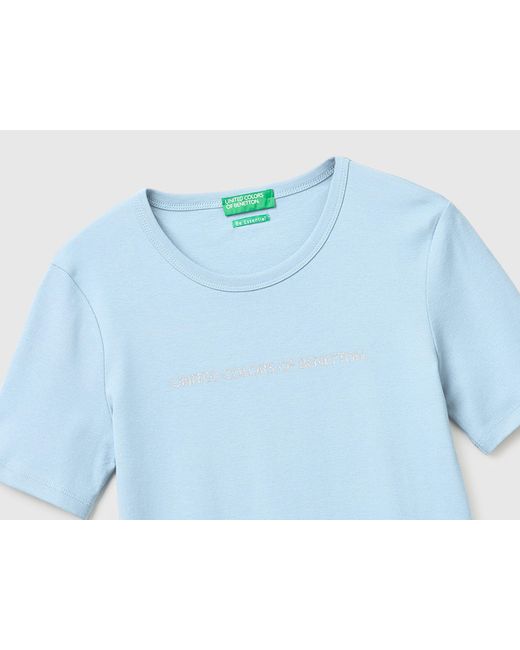 Benetton, T-Shirt À Manches Courtes Avec Logo Pailleté, Taille, Bleu Clair, Femme Benetton en coloris Blue