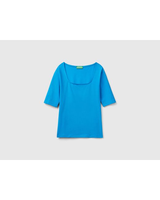 Benetton Blue Eng Anliegendes T-shirt Aus Stretch-baumwolle