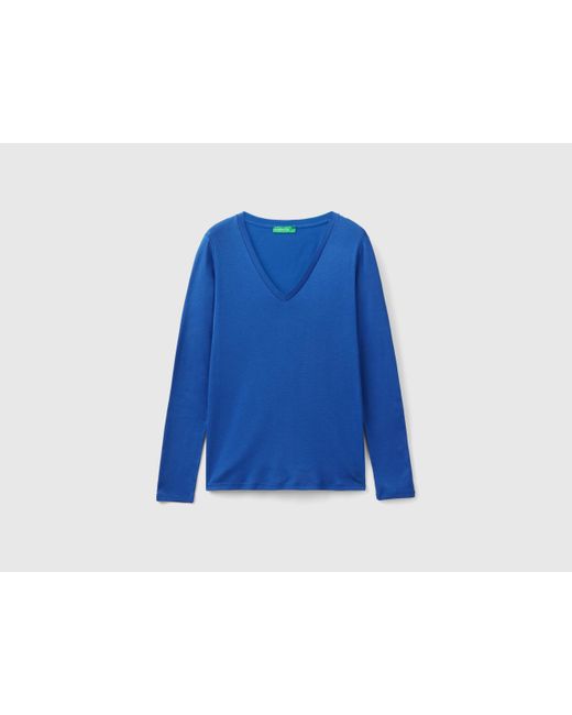 Benetton Blue Benetton, Long Sleeve T-Shirt With V-Neck, , Air Force