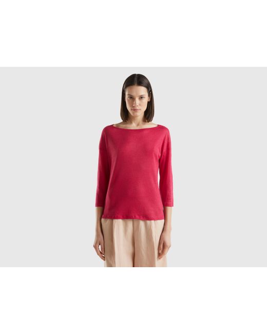Benetton Red 3/4 Sleeve T-shirt In Pure Linen