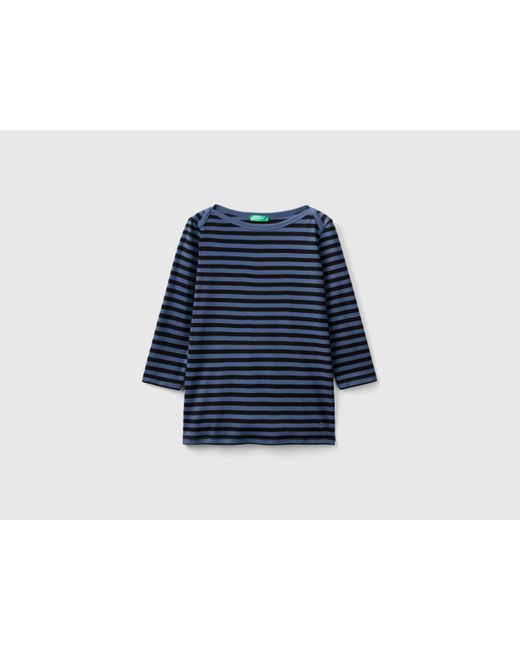 Benetton Blue Striped 3/4 Sleeve T-shirt In 100% Cotton