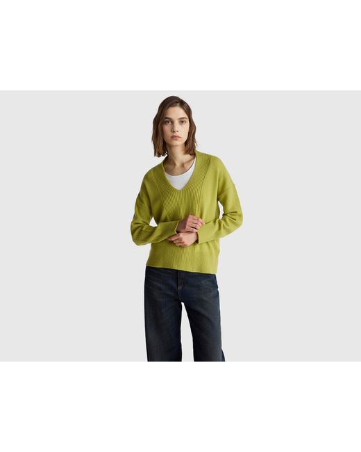 Benetton Green Benetton, 100% Wool V-Neck Sweater