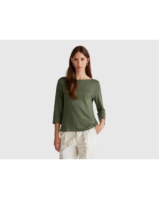 Benetton Green Benetton, Pure Linen T-Shirt With 3/4 Sleeves