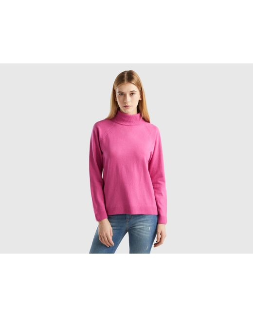 Benetton Pink Turtleneck Sweater In Cashmere And Wool Blend