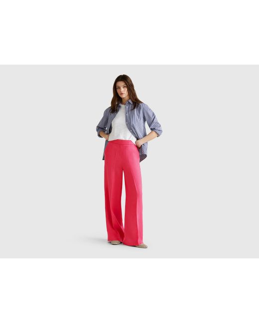 Benetton, Pantalon Palazzo En 100% Lin, Fraise, Femme Benetton en coloris Red