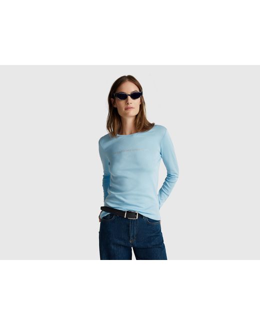 Benetton Blue Benetton, Long Sleeve T-Shirt With Glitter Logo