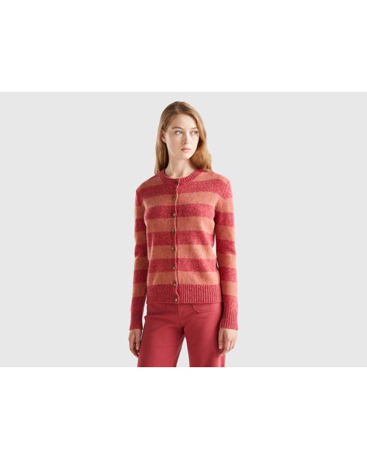 Benetton Red Striped Cardigan In Pure Shetland Wool