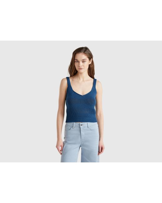 Benetton, Camiseta Sin Mangas De Punto 100% Algodón, Azul Grisáceo, Mujer Benetton de color Blue