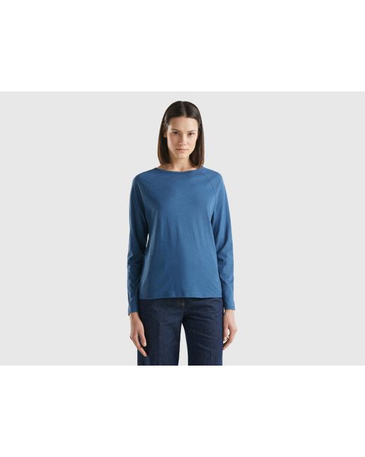 Benetton Blue Long Sleeve T-shirt In Light Cotton