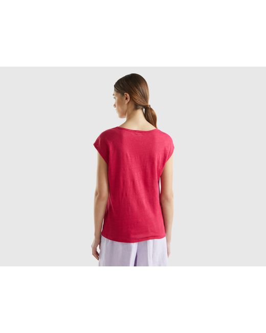 Benetton Red Wide Neck T-shirt In Pure Linen