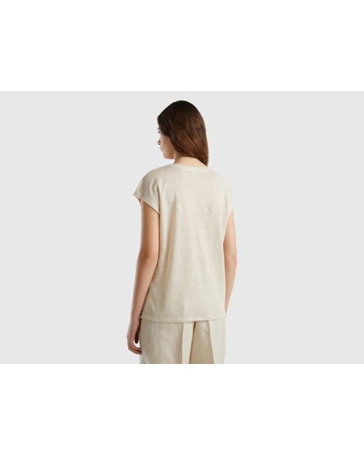 Benetton Natural V-neck T-shirt In Pure Linen