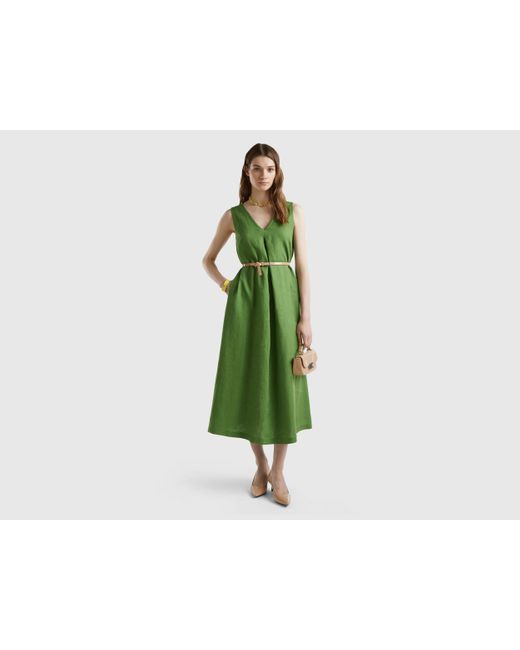 Benetton Green Sleeveless Dress In Pure Linen