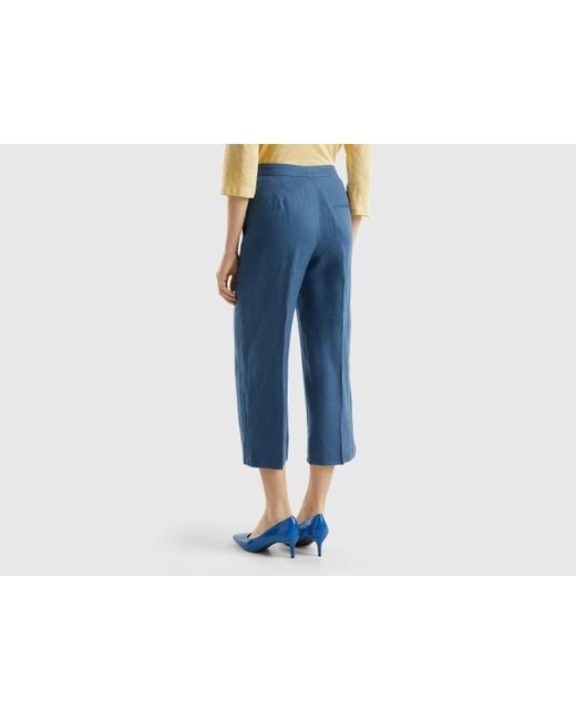 Benetton Blue Cropped Trousers In Pure Linen