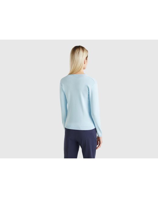 Benetton, Jersey De Algodón Puro Con Escote De Pico, Celeste, Mujer Benetton de color Blue