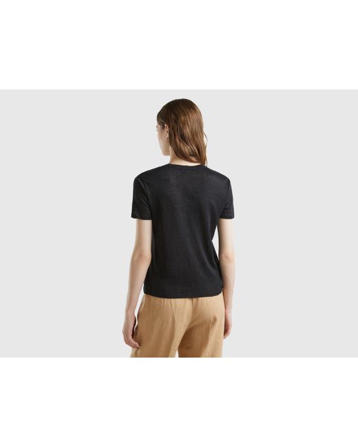 Benetton Black Crew Neck T-shirt In Pure Linen