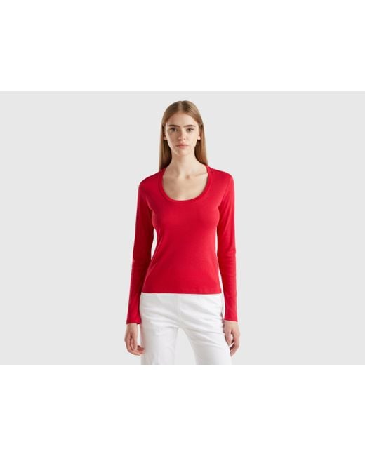 Benetton Red Long Sleeve Pure Cotton T-shirt