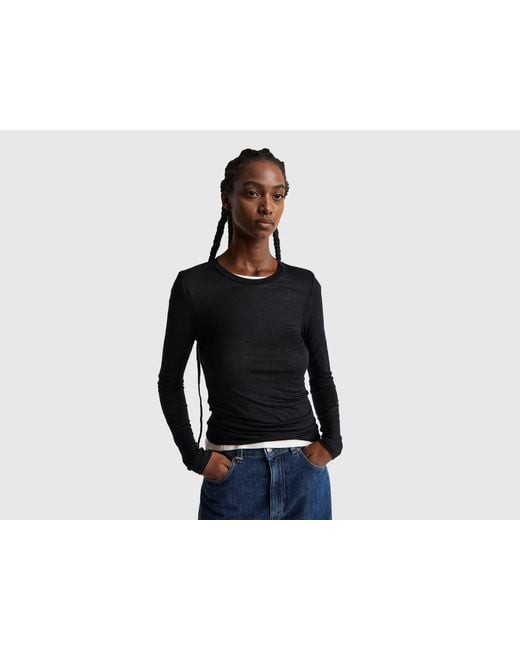 Benetton, Camiseta En Mezcla De Viscosa Y Cachemira, Talla, Negro, Mujer Benetton de color Black