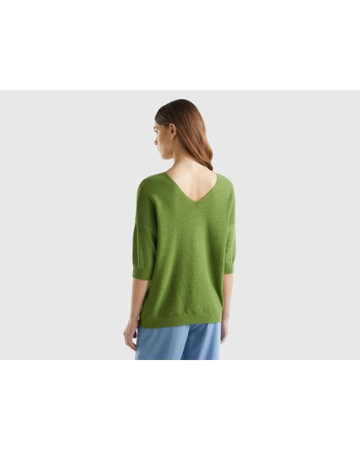 Benetton Green Sweater In Linen And Cotton Blend