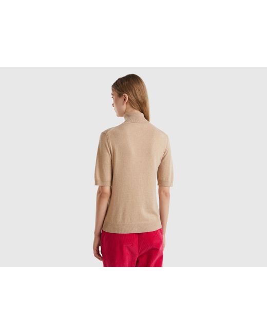 Benetton Red Camel Short Sleeve Turtleneck In Cashmere Blend