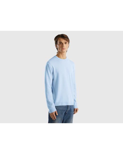 Benetton Light Blue Crew Neck Sweater In Pure Merino Wool for men