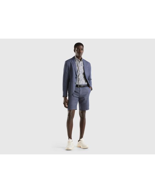Benetton Black Striped Shorts In Linen Blend for men