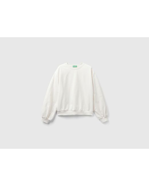 Benetton White Sweatshirt With Floral Embroidery
