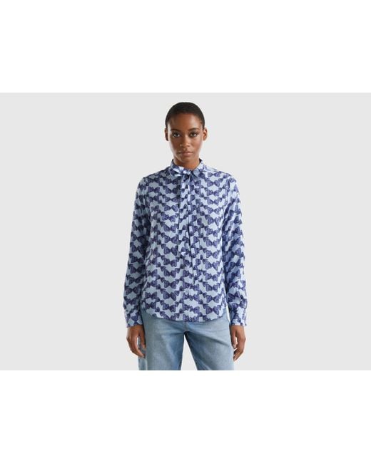 Benetton Blue Flowy Shirt With Bow Print