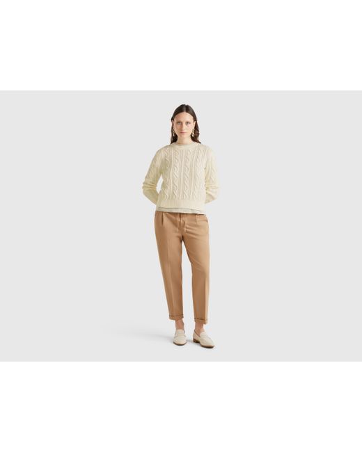 Benetton Natural Benetton, Zopfstrickpullover Aus 100 Baumwolle, Cremeweiss