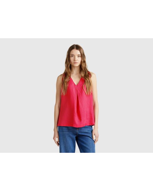 Benetton, Blusa Sin Mangas De Puro Lino, Fresa, Mujer Benetton de color Red