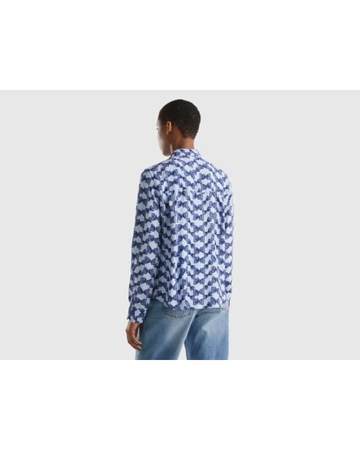 Benetton Blue Flowy Shirt With Bow Print