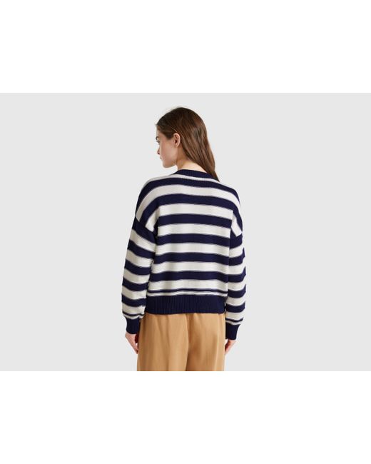 Benetton, Pull Rayé En Coton Tricot, Bleu Foncé, Femme Benetton en coloris Black