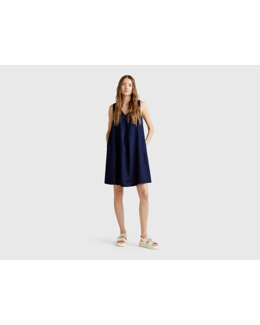 Benetton Black Benetton, Ärmelloses Kleid Aus Reinem Leinen, Dunkelblau