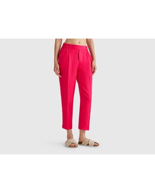 Benetton, Pantalón Regular Fit De Puro Lino, Fucsia, Mujer Benetton de color Red