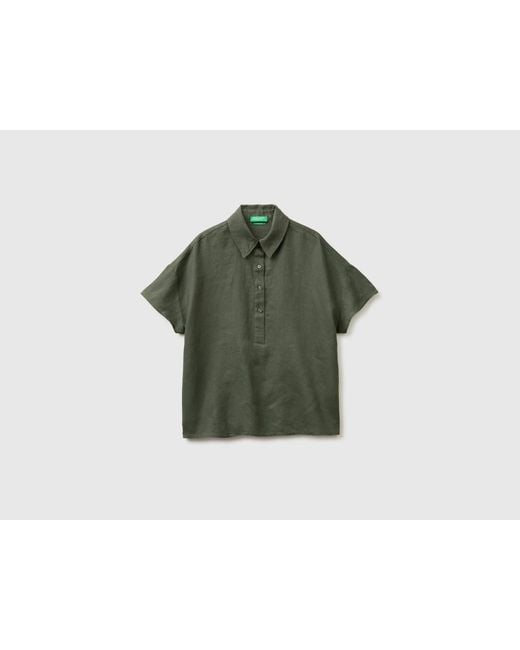 Benetton Green Benetton, 100% Linen Short-Sleeved Blouse