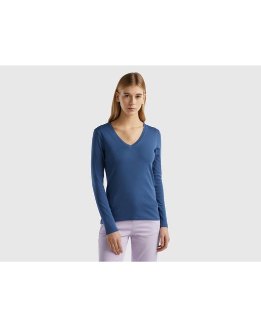 Benetton Blue Long Sleeve T-shirt With V-neck