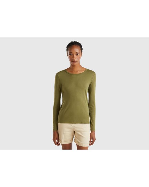 Benetton Green Benetton, Long Sleeve Pure Cotton T-Shirt, , Military