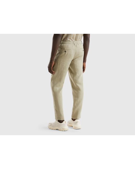 Benetton Black Trousers In Pure Linen With Drawstring for men