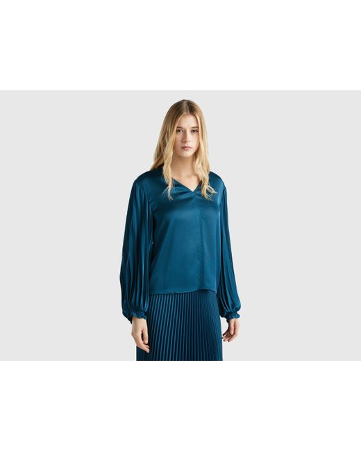 Benetton Blue Blouse With Long Pleated Sleeves