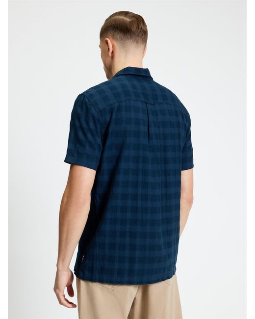 Ben Sherman Blue Short Sleeve Dobby Grid Check Shirt In Dark Navy for men