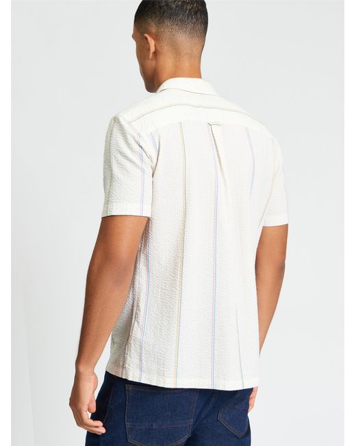 Ben Sherman Blue Short Sleeve Seersucker Check Shirt In Ivory for men