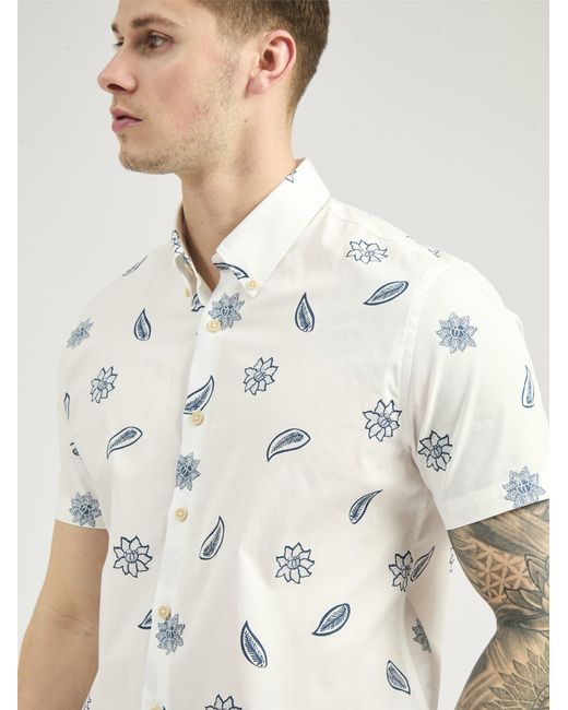 Ben Sherman Short Sleeve Floral Print Shirt In Snow White for men