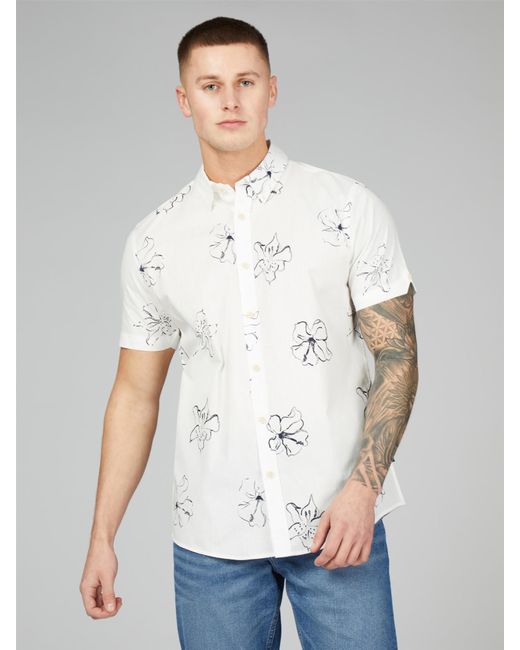 Ben Sherman White Ss Linear Floral Print Shirt for men