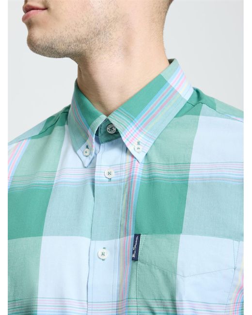 Ben Sherman Blue Short Sleeve Multi Colour Overcheck Shirt In Forest for men