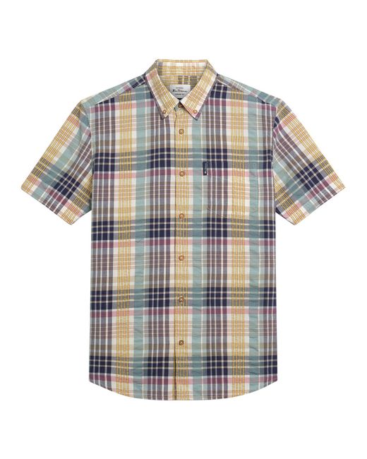 Ben Sherman Blue Short Sleeve Seersucker Check Shirt In Aqua for men